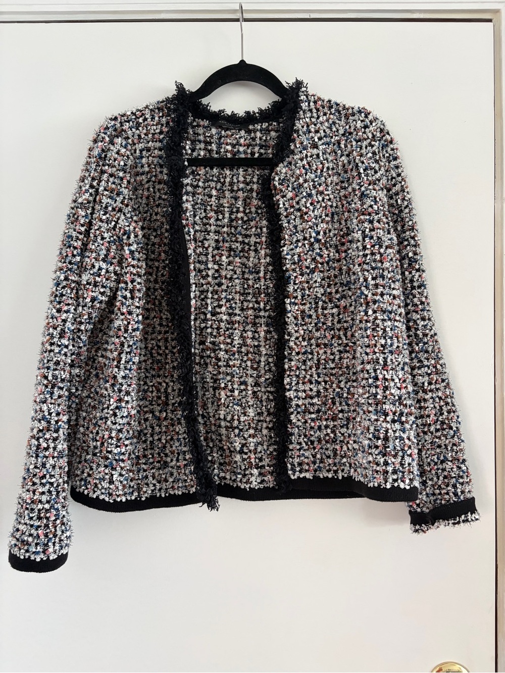 Ann Taylor Bouclé Fringe Trim Open-Front Jacket - Multi/Black